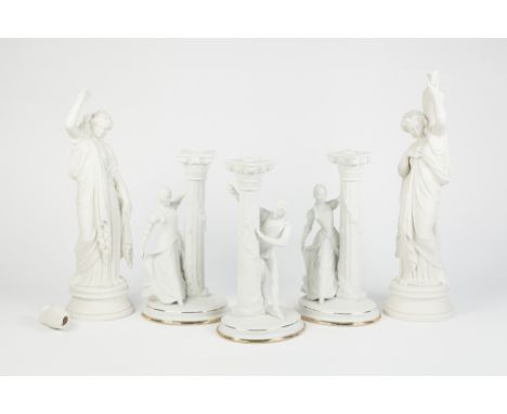 PAIR OF 'ROMEO AND JULIET' PARIAN PORCELAIN FIGURAL CANDLESTICKS BY FRANKLIN MINT, on oval gilt lined bases, 10" (25.4cm) hig