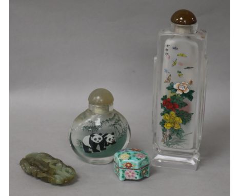 A carved jade panel, snuff bottles etc