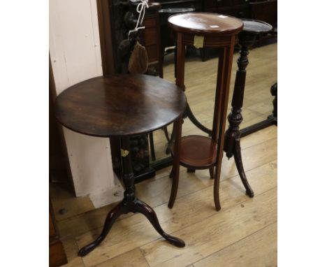 A tripod table and two jardiniere stands table W.50cm