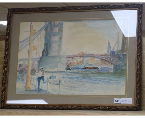Dunlop, watercolour, view of Tower Bridge, indistinctly signed, 33 x 53cm