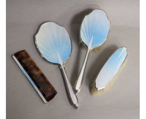 A silver and guilloche enamel four piece dressing table set, Albert Carter, Birmingham, 1937.