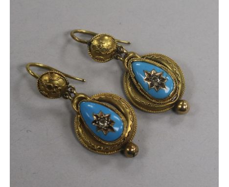 A pair of Victorian yellow metal, turquoise enamel and diamond set drop earrings, overall 37mm.