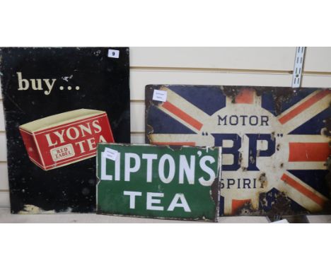 Three enamel signs: Motor Spirit, Lyons Tea and Liptons Tea 41 x 66cm, 51 x 38cm and 38 x 23cm