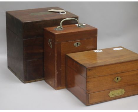 A 19th century mahogany apothecary chest, the upper section with hinged cover and lacking interior divisions, with a sectiona
