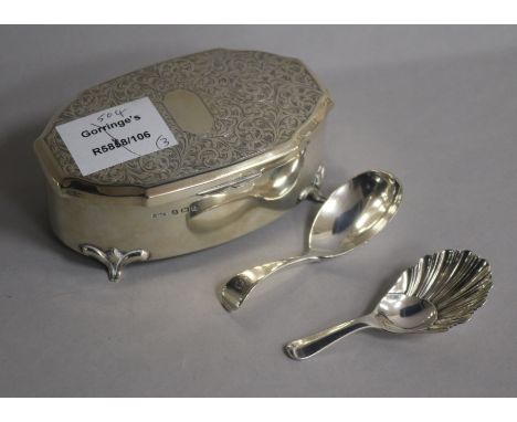 A George V silver trinket box, Birmingham, 1933 and two silver caddy spoons including Victorian.