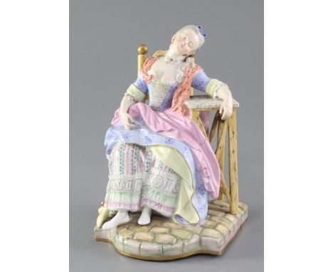 A Meissen seated figure of Sleeping Louise, 19th century, underglaze blue crossed swords mark and incised model no.E58, heigh