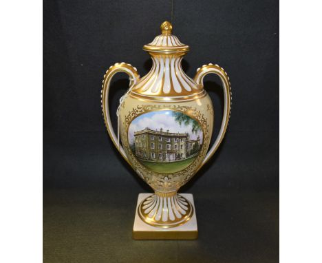 A Spode two handled pedestal baluster vase and cover, printed with a view towards Highgrove House, Gloucestershire, picked ou