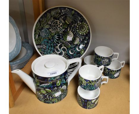 Portmeirion Magic Garden pattern teaware comprising five cups, six side plates, sandwich plate, sugar bowl, teapot, design by