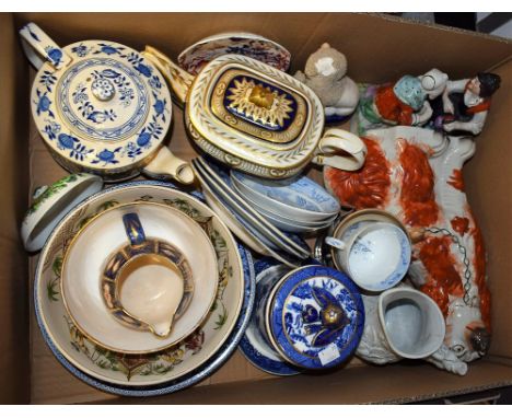 Ceramics - a pair of Staffordshire figures; a Derby teapot; other Victorian ceramics including a Willow pattern preserve jar 