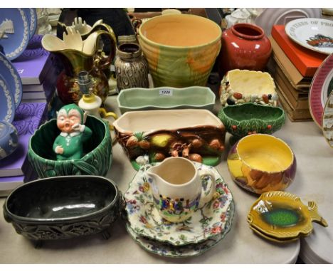 Ceramics - a Crown Devon Oriental pattern lustre jug; an Art Deco Beswick drip glazed planter; other decorative ceramics incl