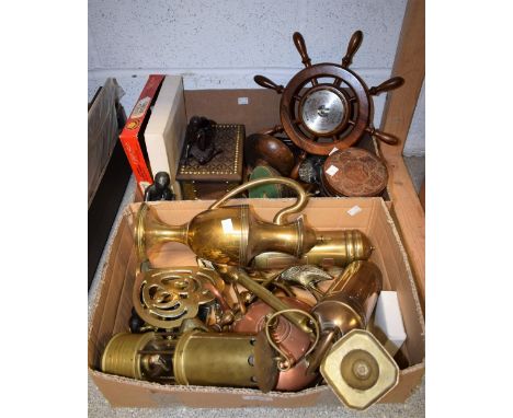 Boxes and objects - a pair of brass Electrene fire extinguishers; a Prima miner's lamp; a copper kettle; a brass coffee pot; 