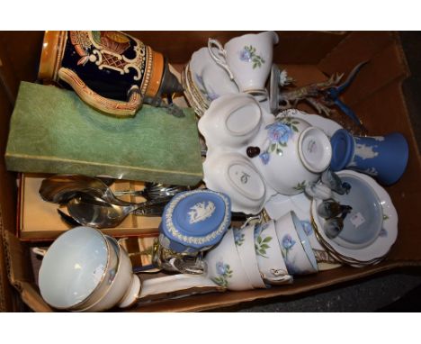 Ceramics and Glass - a Royal Crown Derby Posies pin tray; a Webb crystal jug; Wedgwood Jasperware (2); a Royal standard fasci