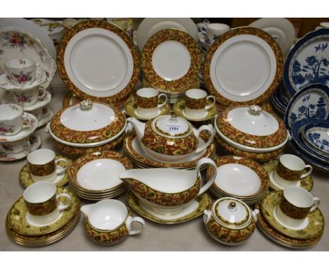 A comprehensive Wedgwood Persia pattern eight-setting dinner service, comprising a pair of covered tureens; oval serving dish