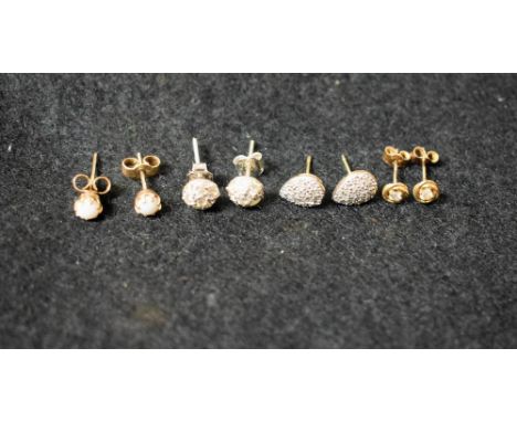 A pair 9ct gold and opal stud earrings; a pair heart shaped 9ct gold earrings, chip stone set; two other pairs similar