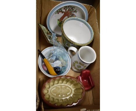 A Denby Applemouse nursery ware baby's bowl and plate; a Denby novelty armchair pipe rest, c.1930s; modern Denby miniature co