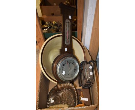 An oak cased banjo barometer with thermometer; an earthenware bowl; a brass crumb tray and brush; a Veritas travelling campin