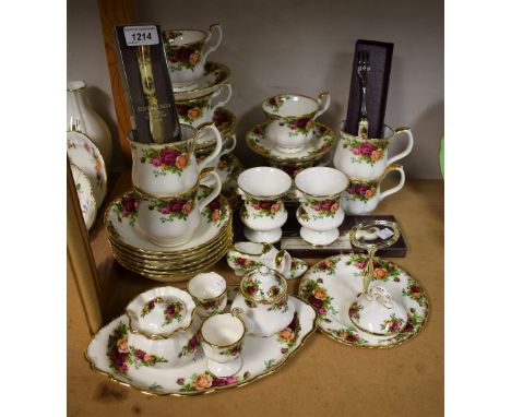 Royal Albert Old Country Roses - five teacups and saucers, another saucer, six tea plates, six cereals, cased flatware, two e