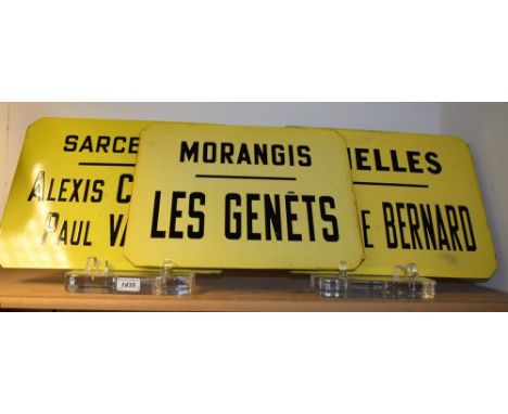 A set of three mid 20th century French enamel canted rectangular signs 