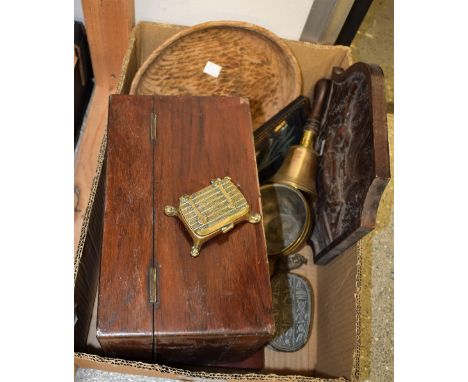 Boxes and Objects - a mahogany work box; a brass hand bell; a fossil of a sea urchin; a leather cigar case; others, treen, br