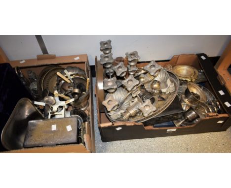 Metalware - a plated five branch candelabra; another, three branch; sugar scuttles; a Viners cigarette box; others, goblets, 