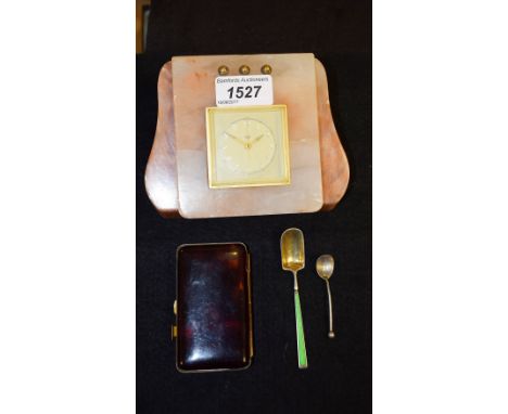 An Art Deco Derbyshire combination desk clock tidy, inset Smiths timepiece, c.1940; silver and guilloche enamel shovel spoon;