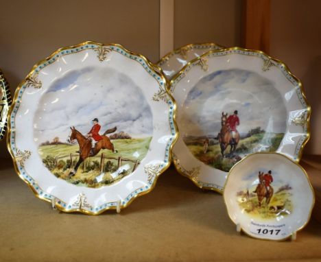 A Royal Crown Derby Hand Painted Hunting Scene plate, 22cm, second quality; another three similar, 20cm; a trinket dish (5)