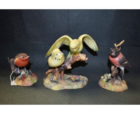 A Royal Crown Derby ceramic model of a Bullfinch, second quality; others, Robin and Budgerigars (3)