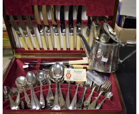 A canteen of cutlery, Acadamy Plate by Pearson Bros, Nottingham, six place settings, cased; a silver plated teapot; a pair of