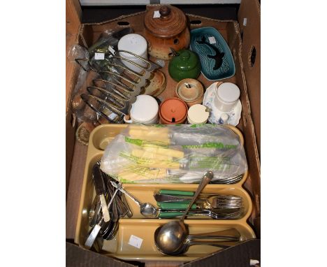 An EPNS seven bar toast rack; French pottery; EP flatware; spice jars; Poole dolphin dish; etc