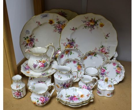 Royal Crown Derby Posies to include oval platter; two dinner plates; lidded trinket box; jugs; comport; pin dishes etc (qty)