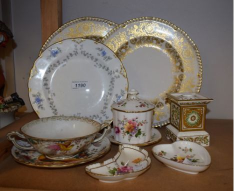 Royal Crown Derby -  a pair of Brocade pattern shaped circular dinner plates;  green Derby Panel square candlestick;  posies 