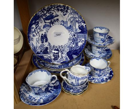 An unusual Royal Crown Derby Mikado pattern moustache cup and saucer, year cypher for 1914, three Mikado pattern dinner plate