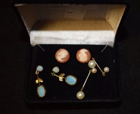 A pair 9ct gold earrings, opal drops and studs; a pair of 9ct gold cameo earrings, Chester 1957; a pair of 9ct gold pearl dro