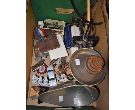 A soldier's paybook; other ephemera; a set of kitchen balance scales; cold painted lead farm animals; postcards; 3-D Vistascr