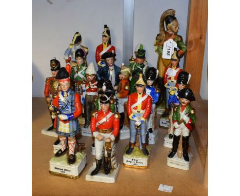 A set of Continental ceramic figures in military uniform, Cavalry, Dragoon, Highland, others; quantity