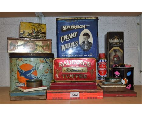Tins - advertising, Blue Bird Toffee, Sovereign biscuits, Peake Freens biscuits, China tea caddy, Ardath cigarettes, St Bruno