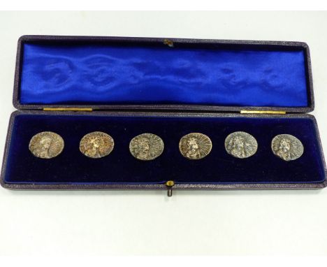 A SET OF SIX ART NOUVEAU HALLMARKED SILVER BUTTONS IN ORIGINAL CASE.