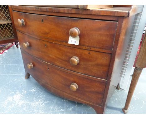 AN EARLY 19TH.C.MAHOGANY AND INLAID BOW FRONT CHEST OF THREE DRAWERS WITH THREE QUARTER GALLERY.