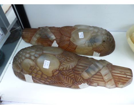A PAIR OF ART DECO FROSTED MOULDED GLASS WALL LIGHTS WITH FRUIT DECORATION.  H.40cms.