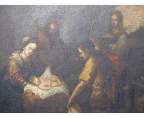 AN OLD MASTER PAINTING OF THE HOLY FAMILY IN ARCHITECTURAL SETTING, OIL ON CANVAS.  58x71cms.