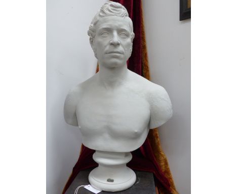 AN ANTIQUE PLASTER PORTRAIT BUST OF A YOUNG MAN LABELLED FLOSI SAGE COLBERT, PARIS.  H.72cms