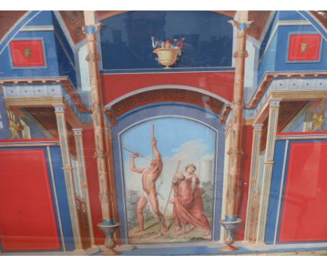 AN OLD MASTER HAND COLOURED PRINT OF CLASSICAL FIGURES IN AN ARCHITECTURAL SETTING AFTER THE ANTIQUE.  49x81cms.