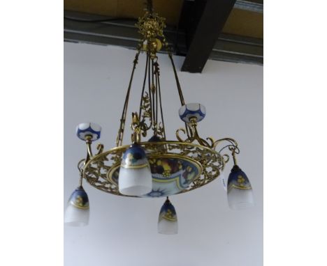 A BRASS FRENCH ART DECO STYLE CHANDELIER HAVING POLYCHROME GLASS SHADES AND CENTRAL PLAFONNIER.