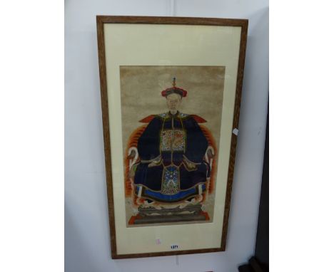 CHINESE 19TH CENTURY SCHOOL AN ANCESTOR PORTRAIT WATERCOLOUR. 53 x 30CMS