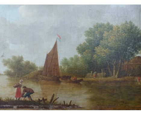 AN OLD MASTER PAINTING OF A RIVER SCENE , OIL ON CANVAS.  38x58cms.
