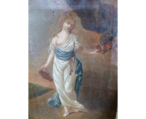 AN OLD MASTER PAINTING OF A CLASSICAL MUSE HOLDING A JUG, OIL ON CANVAS.  52x39cms.