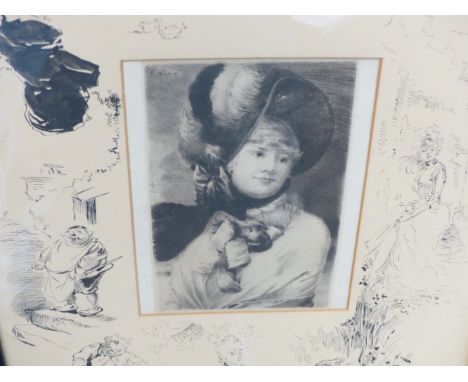 H.SOMM. ETCHING OF A YOUNG LADY WEARING A BONNET MOUNTED IN A PEN AND INK SURROUND, POSSIBLY DONE BY THE SAME ARTIST TOGETHER