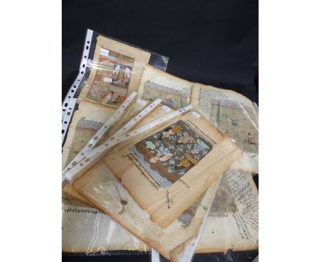 TWELVE INDO PERSIAN ILLUMINATED MANUSCRIPT LEAVES, MOST DEPICTING HUNTING SCENES