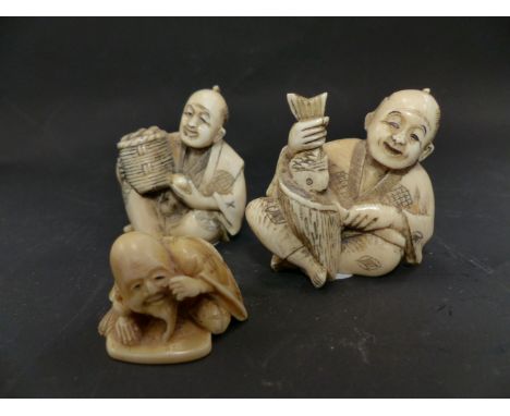 THREE JAPANESE CARVED IVORY NETSUKE, A BREAD SELLER, A FISH MONGER AND A KNEELING SAGE, ALL WITH CHARACTERS INCISED TO BASES