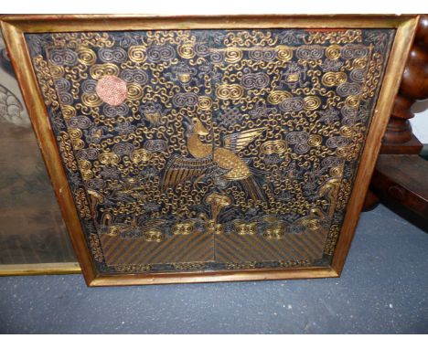CHINESE PAINTING OF CRANES AND BLOSSOM. 80 X 43CM, A CHINESE FRAMED SILKWORK BADGE PANEL AND A MOTHER OF PEARL FIGURAL INLAID